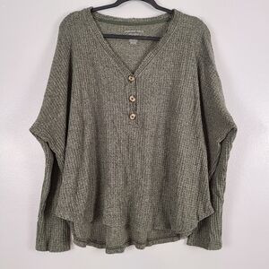 American Eagle Green Soft & Sexy Waffle Plush Henley V-neck Long-sleeve Top XL